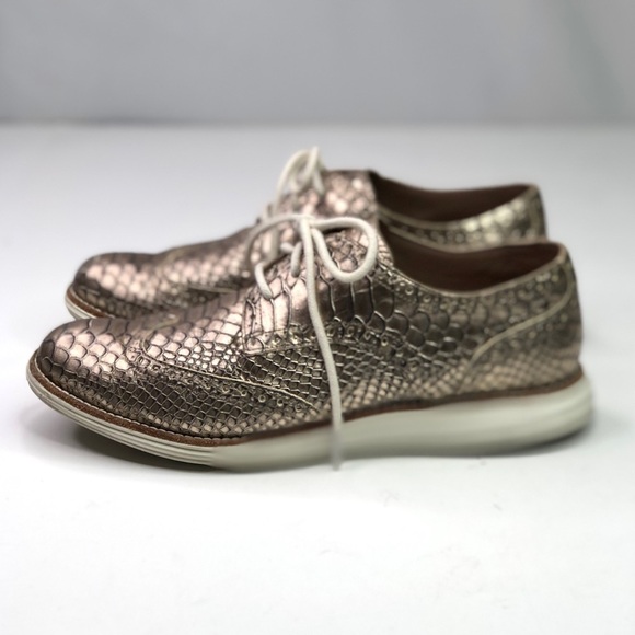 Cole Haan Lunargrand wingtip shoes metallic gold faux crocodile lace up size 7 - Picture 3 of 11